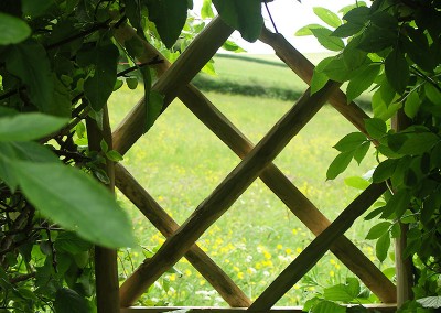 Chestnut trellis in a hedge to provide a window to a borrowed landscape