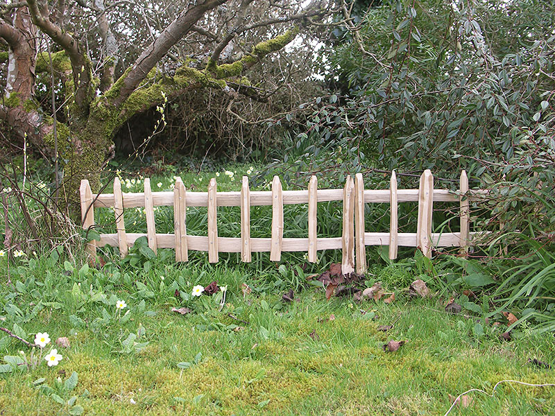 Paling edging beneath an apple tree Paling edging beneath an apple tree